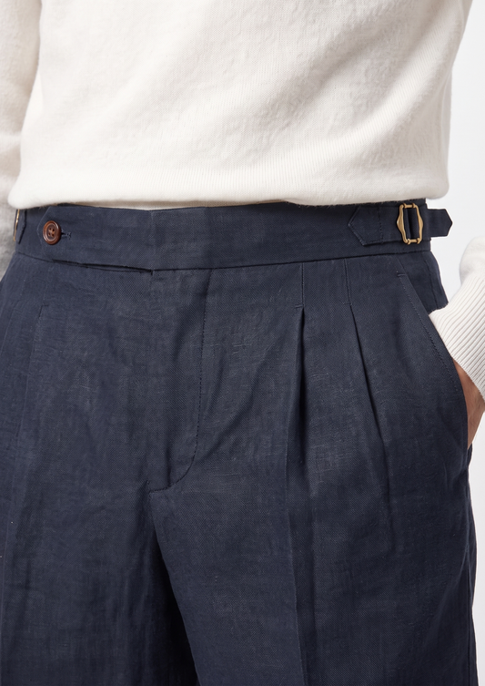 Navy Blue Pleated Linen Seaside Shorts | Apuro