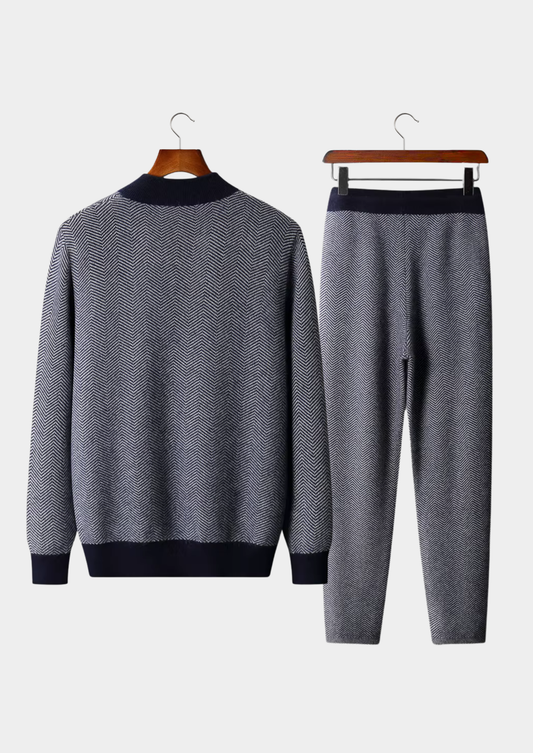 Pure Extra-Fine Merino Wool Navy Blue Herringbone Set | Apuro