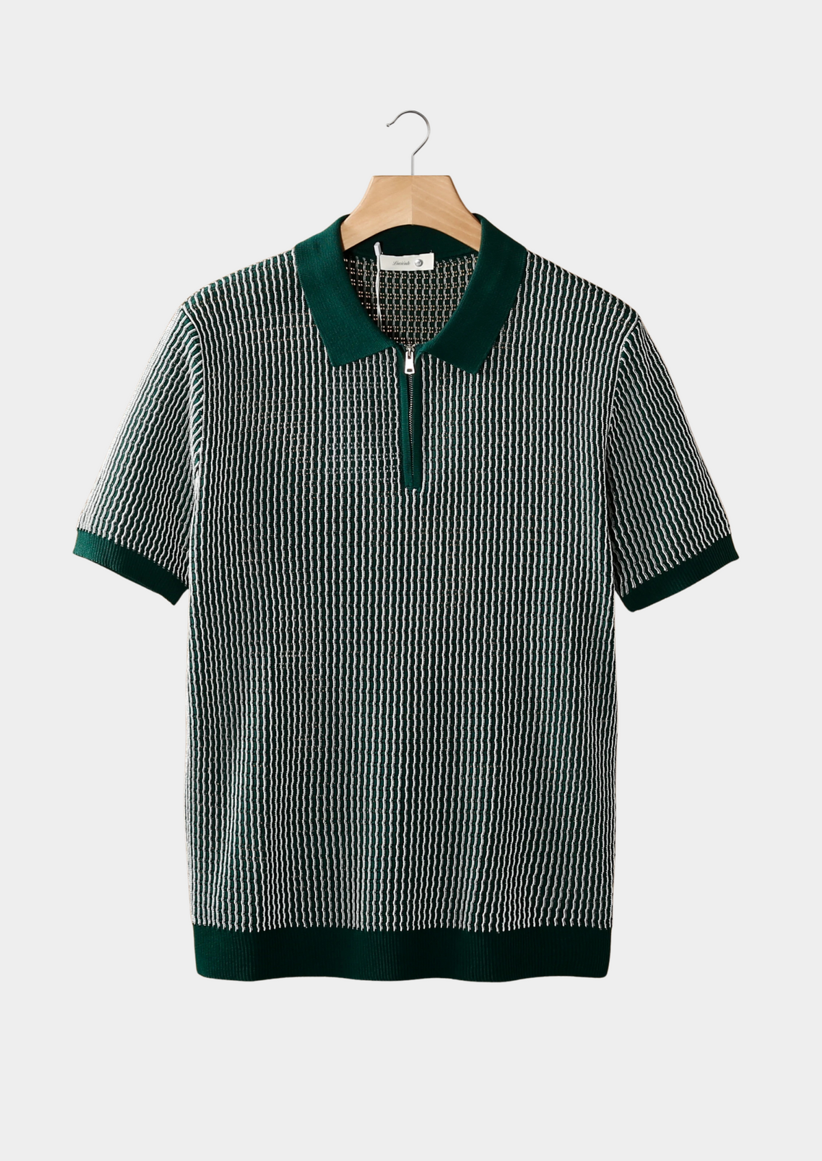 Green Geometric Textured Zipper Polo | Apuro