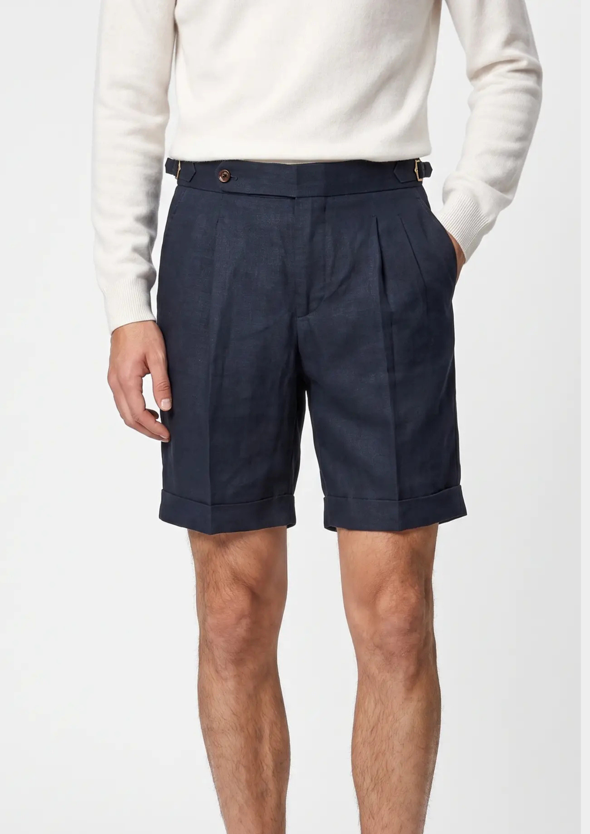 Navy Blue Pleated Linen Seaside Shorts | Apuro