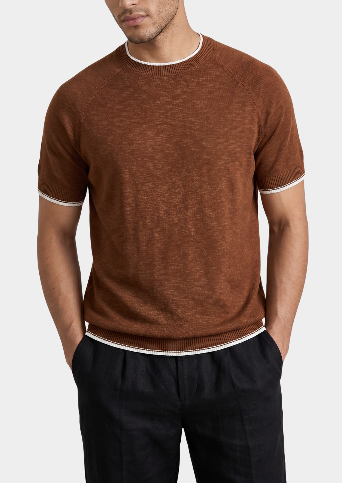 Capri Caramel Linen Contrast T-Shirt | Apuro