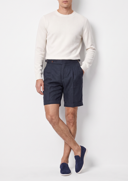 Navy Blue Pleated Linen Seaside Shorts | Apuro
