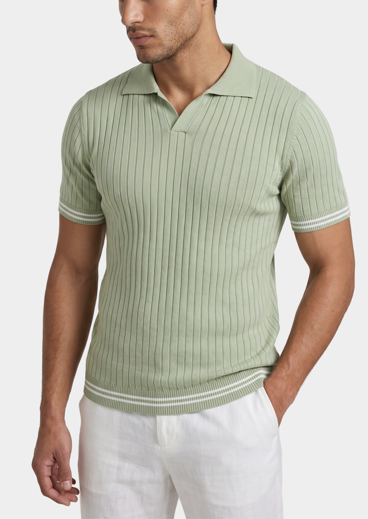 Pierre Pistache Ribbed Buttonless Polo | Apuro