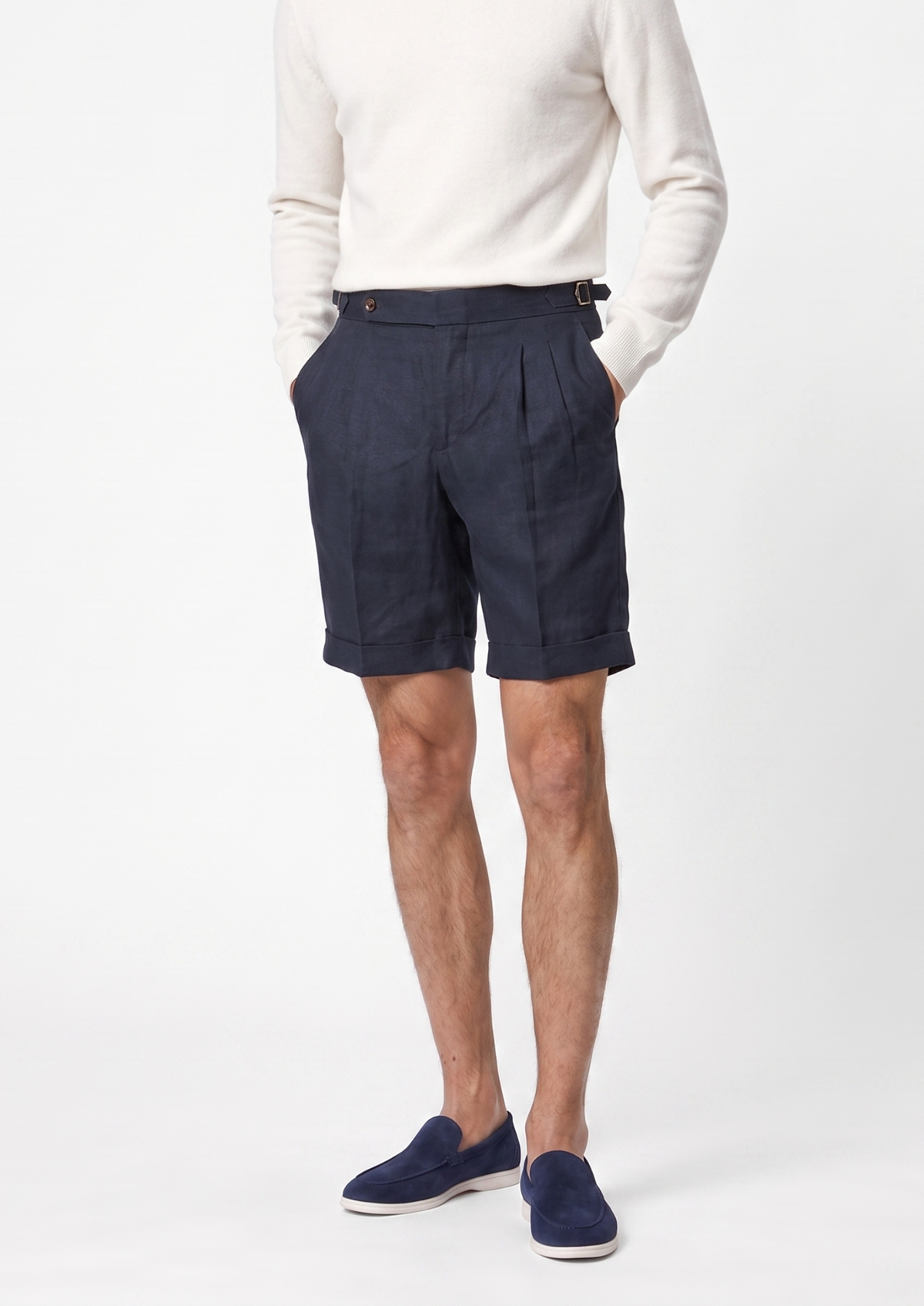 Navy Blue Pleated Linen Seaside Shorts | Apuro