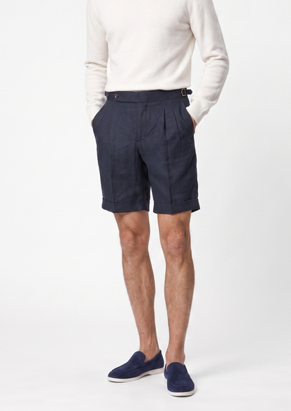 Navy Blue Pleated Linen Seaside Shorts | Apuro