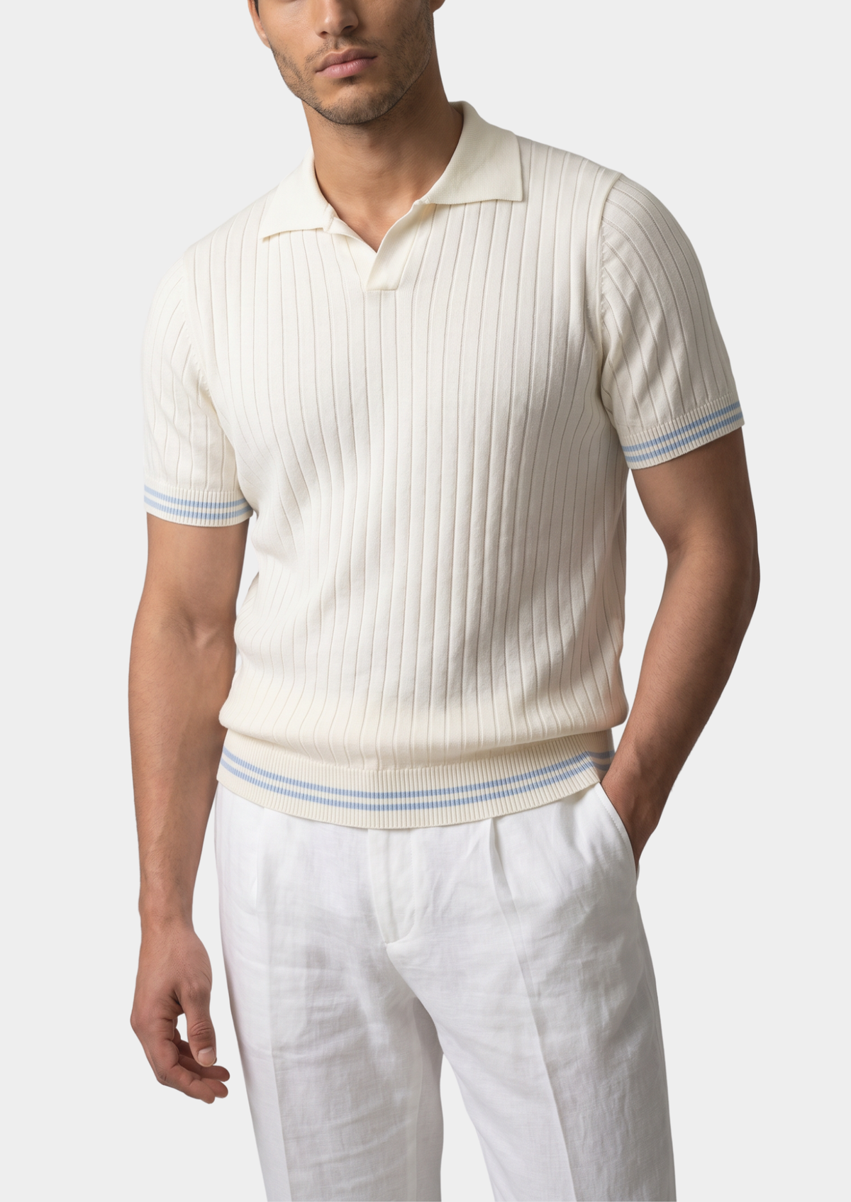 Pierre Ivory Ribbed Buttonless Polo | Apuro