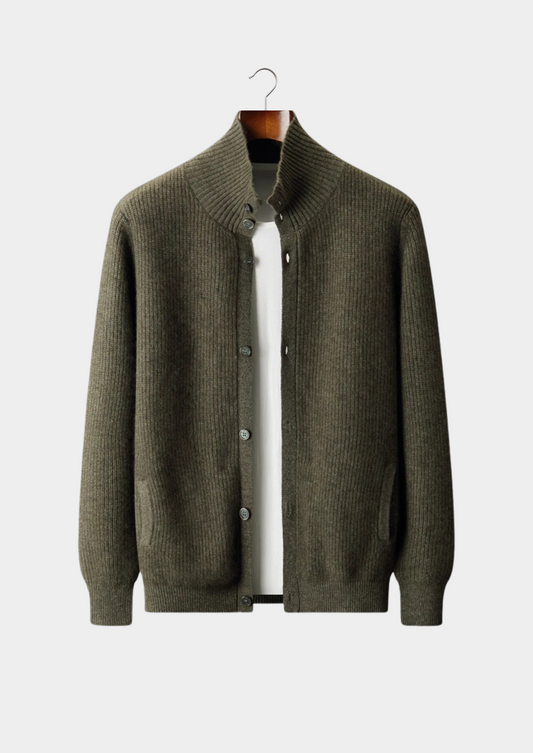 Premium Cashmere Ribbed High Collar Cardigan | Apuro