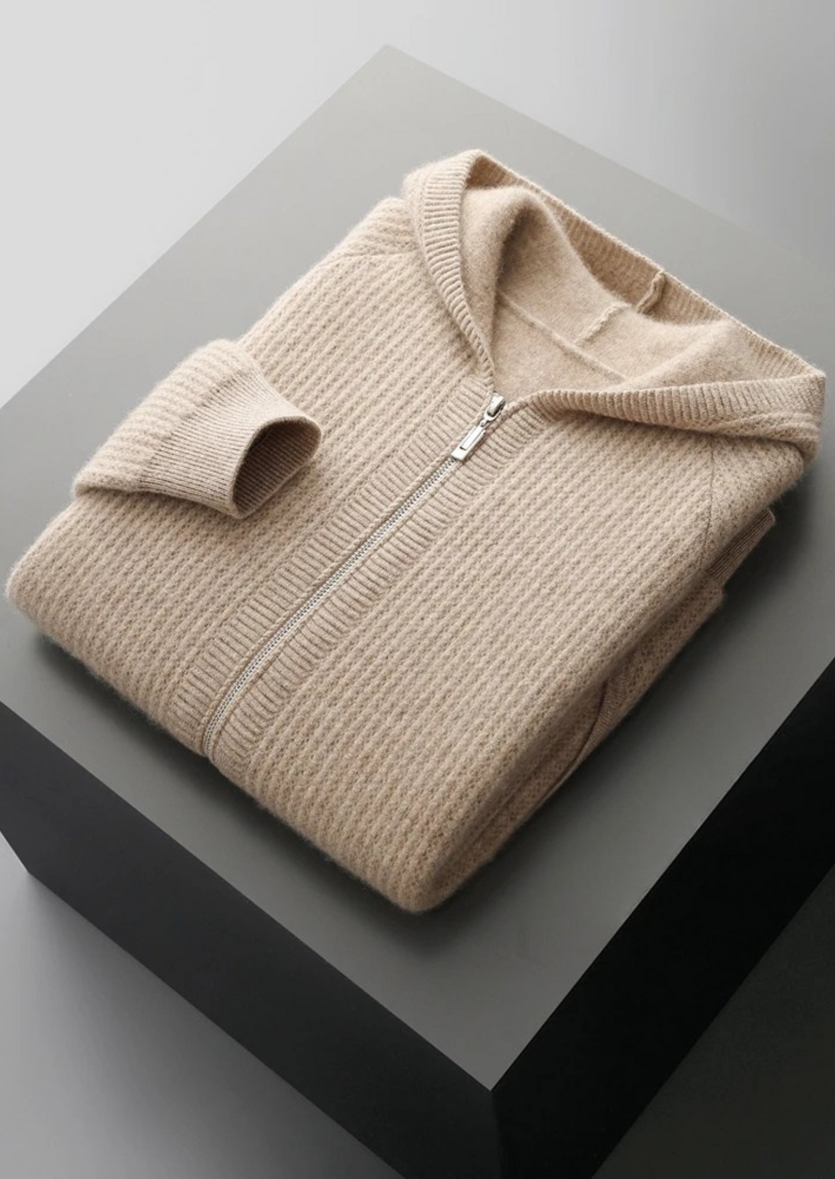 Pure Extra-Fine Merino Wool Ribbed Zipper Hoodie | Apuro