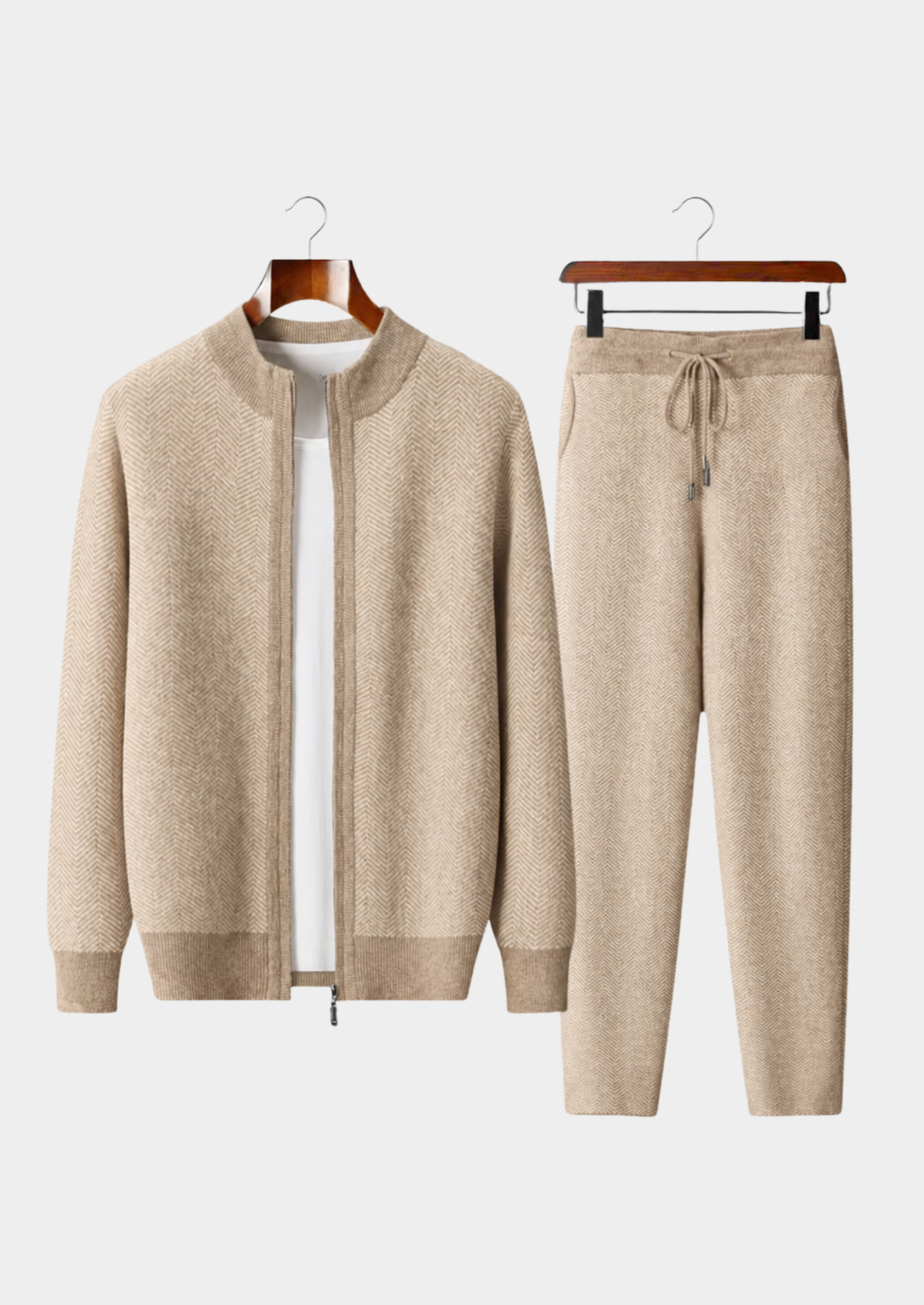Pure Extra-Fine Merino Wool Sand Herringbone Set | Apuro