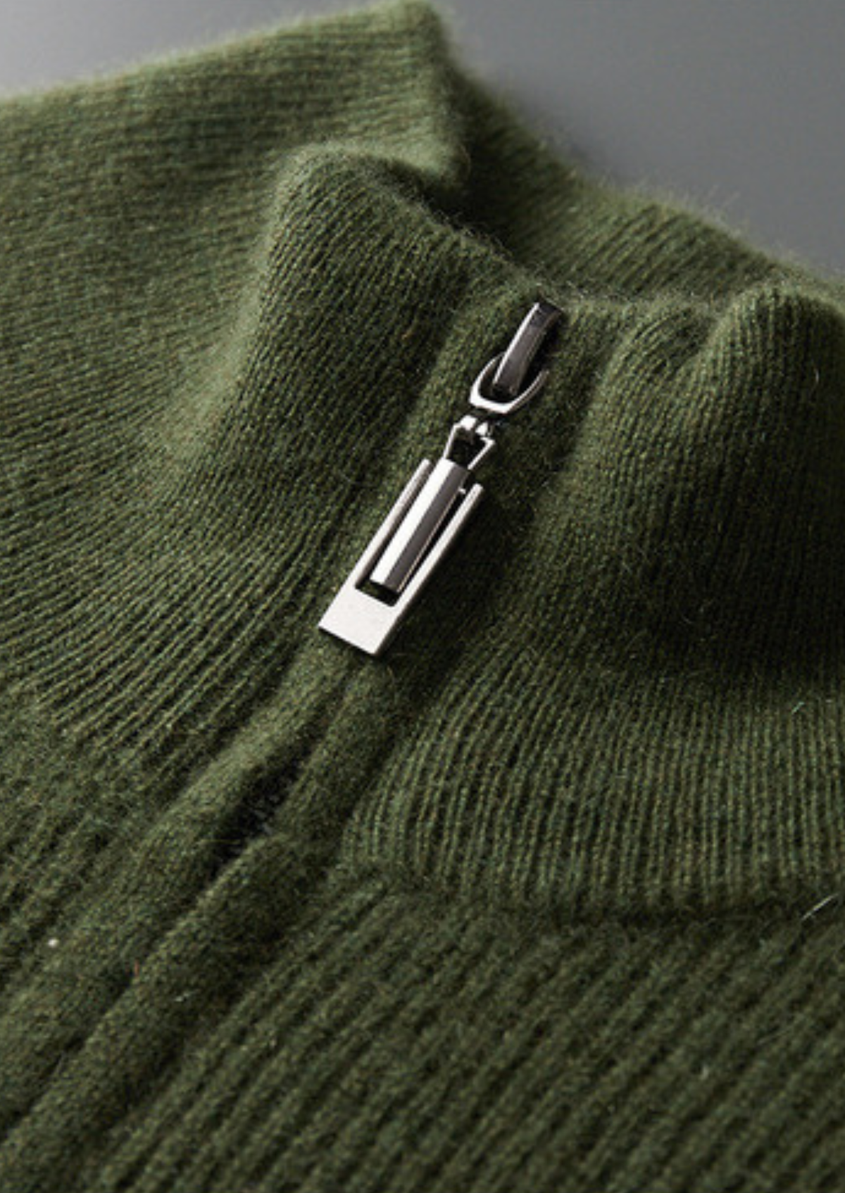 Pure Cashmere Olive Ribbed Half Zip | Apuro