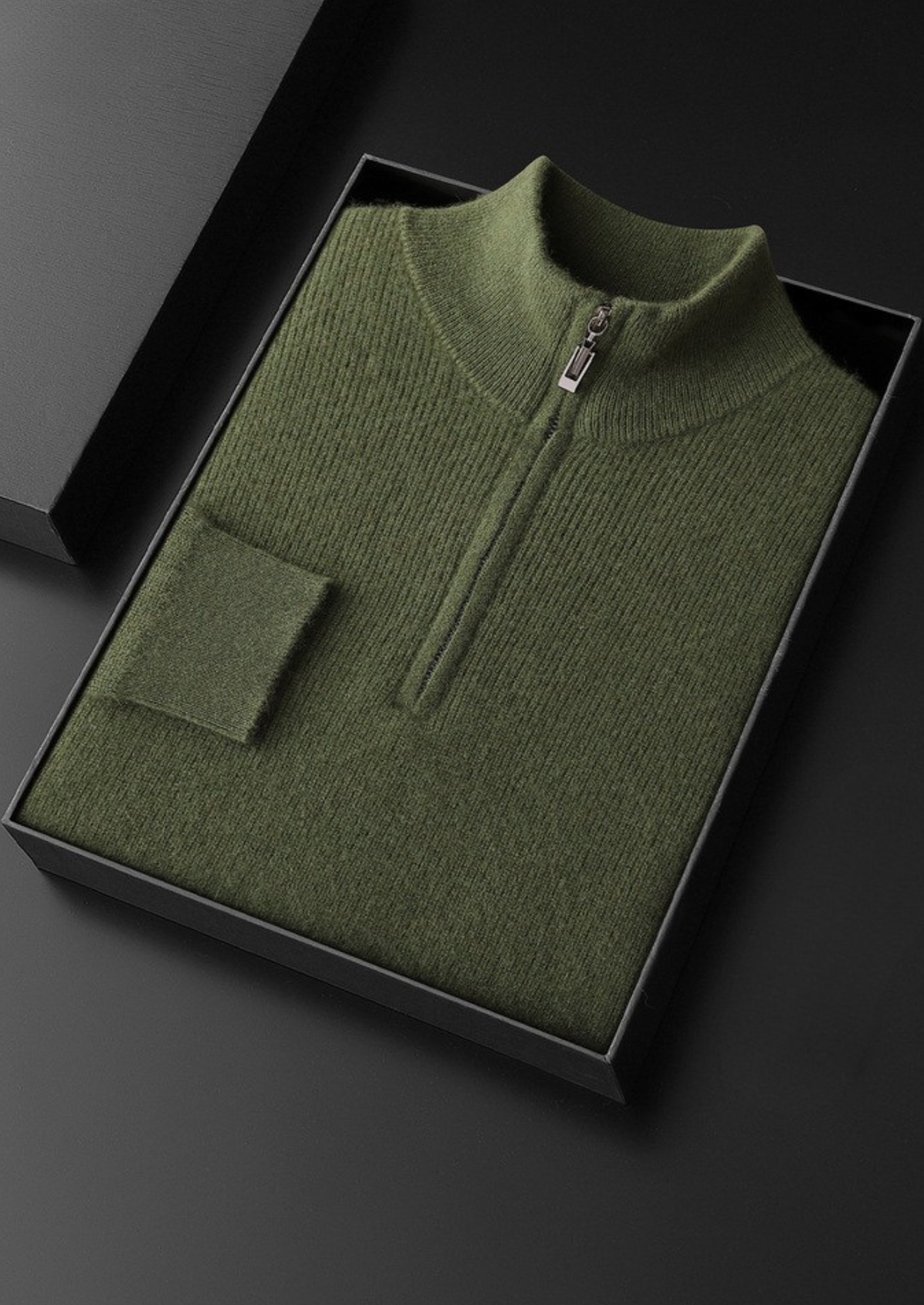 Pure Cashmere Olive Ribbed Half Zip | Apuro