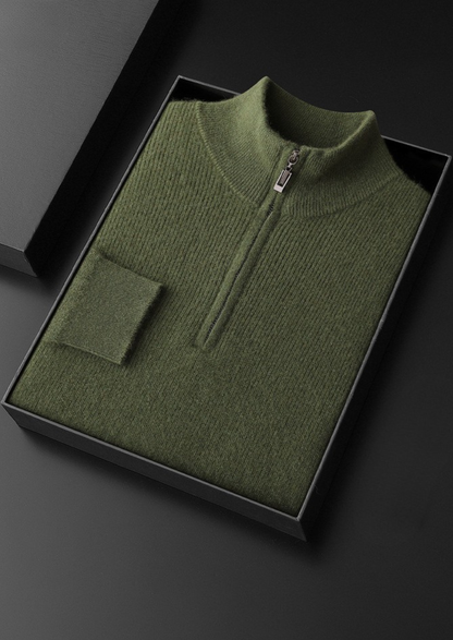 Pure Cashmere Olive Ribbed Half Zip | Apuro