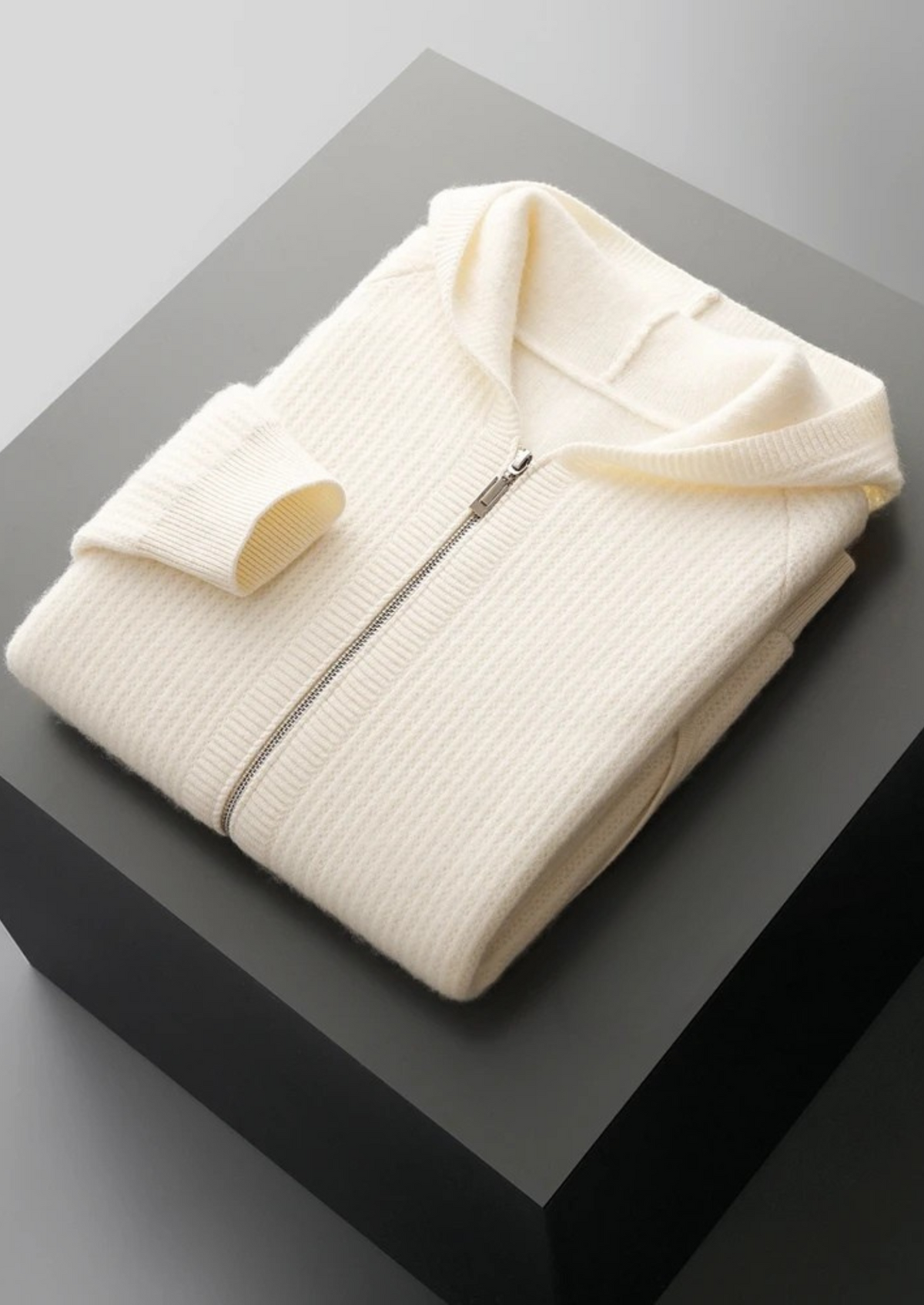 Pure Extra-Fine Merino Wool Ribbed Zipper Hoodie | Apuro