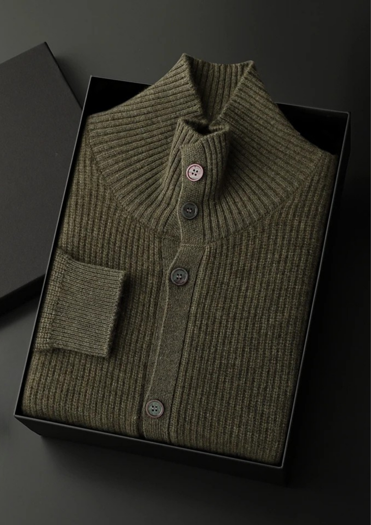 Premium Cashmere Ribbed High Collar Cardigan | Apuro