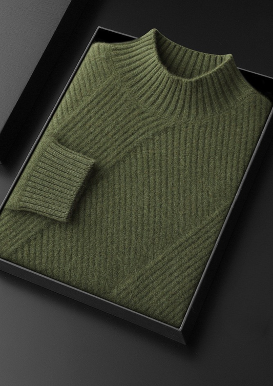Pure Cashmere Olive Patterned Mockneck | Apuro
