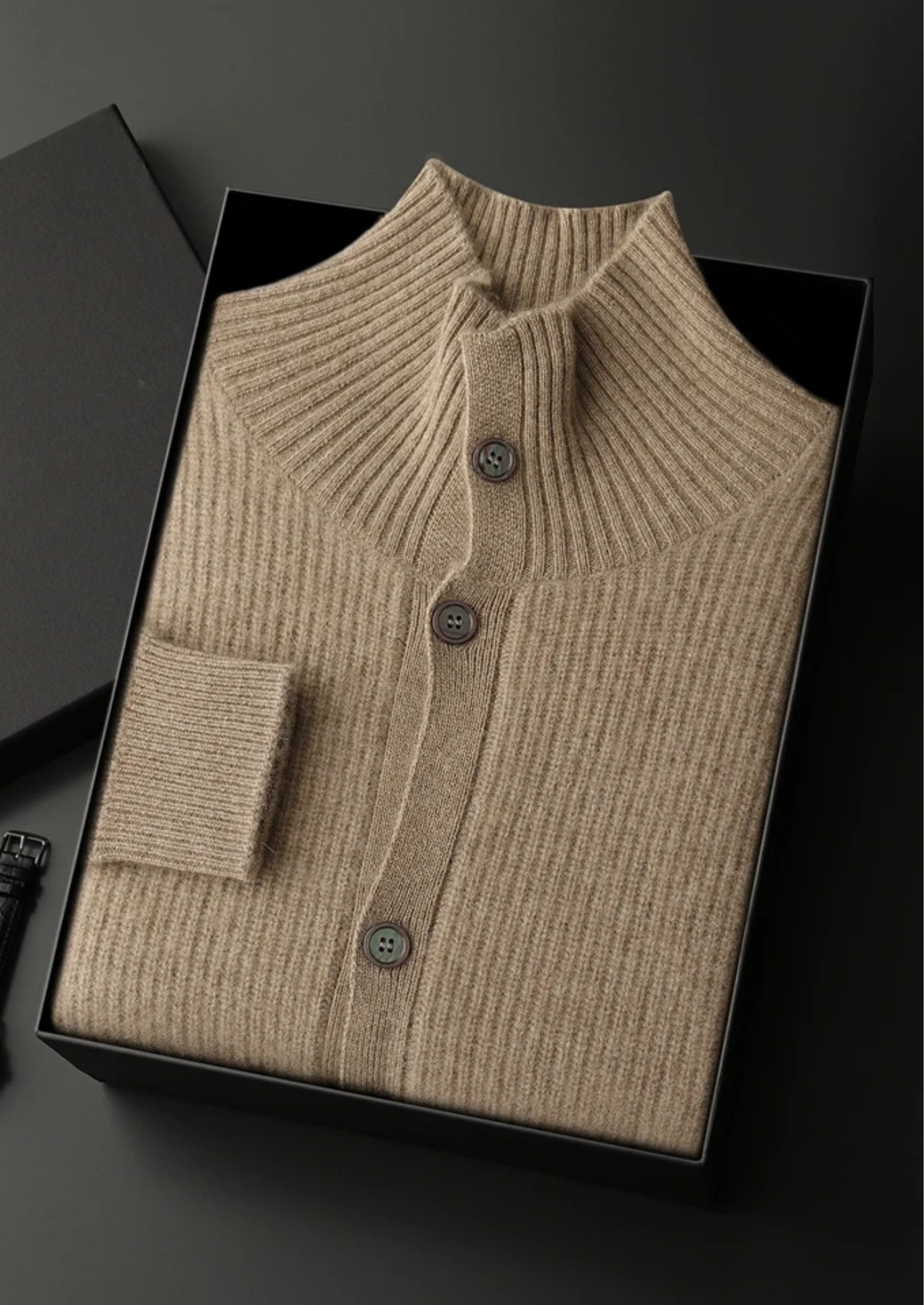 Premium Cashmere Ribbed High Collar Cardigan | Apuro