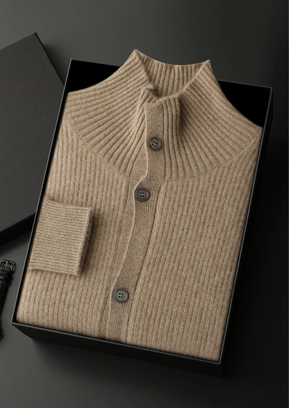 Premium Cashmere Ribbed High Collar Cardigan | Apuro