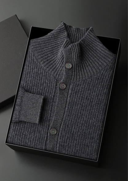 Premium Cashmere Ribbed High Collar Cardigan | Apuro