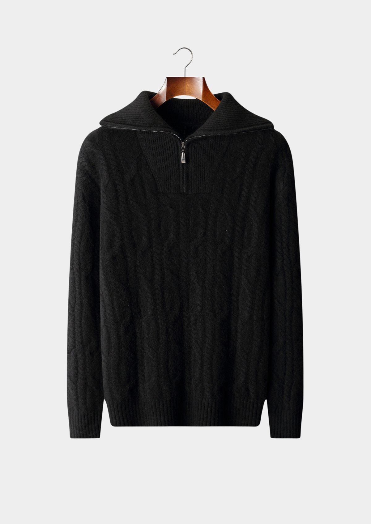 Pure Cashmere Black Cable Half Zip Sweater | Apuro