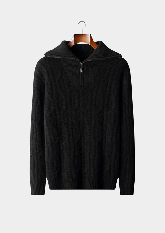 Pure Cashmere Black Cable Half Zip Sweater | Apuro