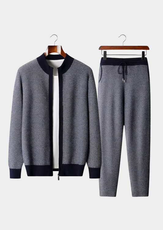 Pure Extra-Fine Merino Wool Navy Blue Herringbone Set | Apuro