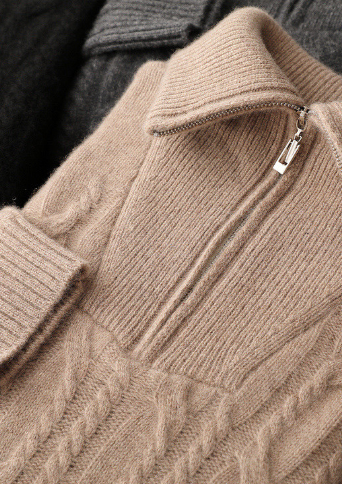 Pure Cashmere Beige Cable Half Zip Sweater | Apuro