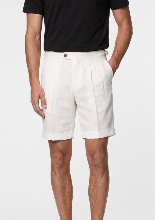 White Pleated Linen Seaside Shorts | Apuro