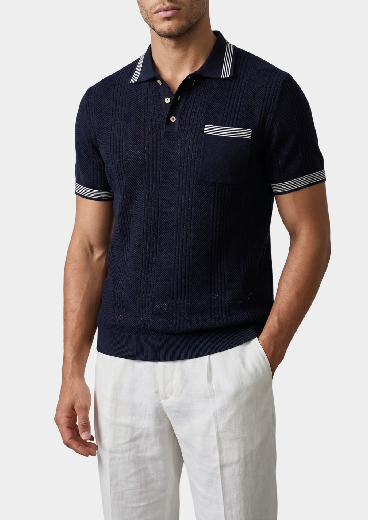 Leon Navy Blue Open Knit Lightweight Polo | Apuro