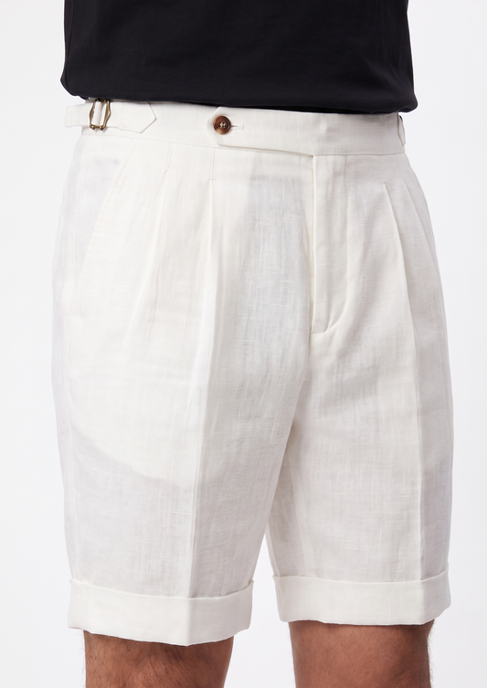 White Pleated Linen Seaside Shorts | Apuro