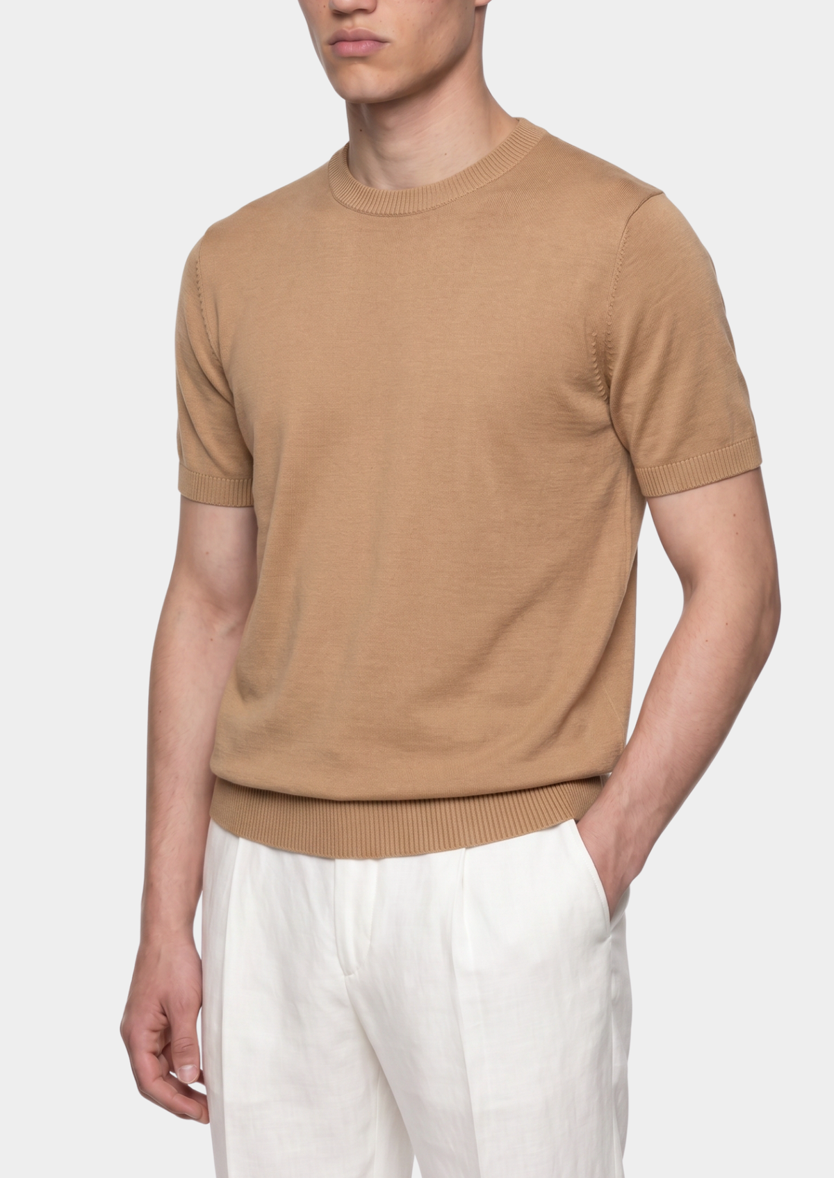 Essential Beige Knitted Crewneck T-Shirt | Apuro