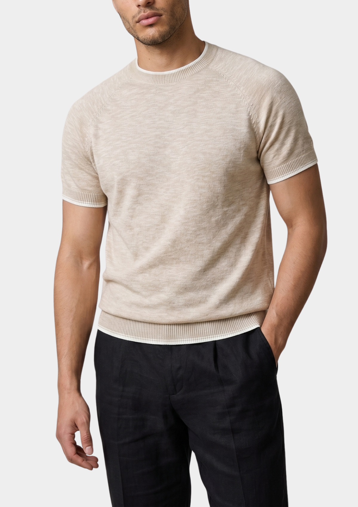 Capri Beige Linen Contrast T-Shirt | Apuro