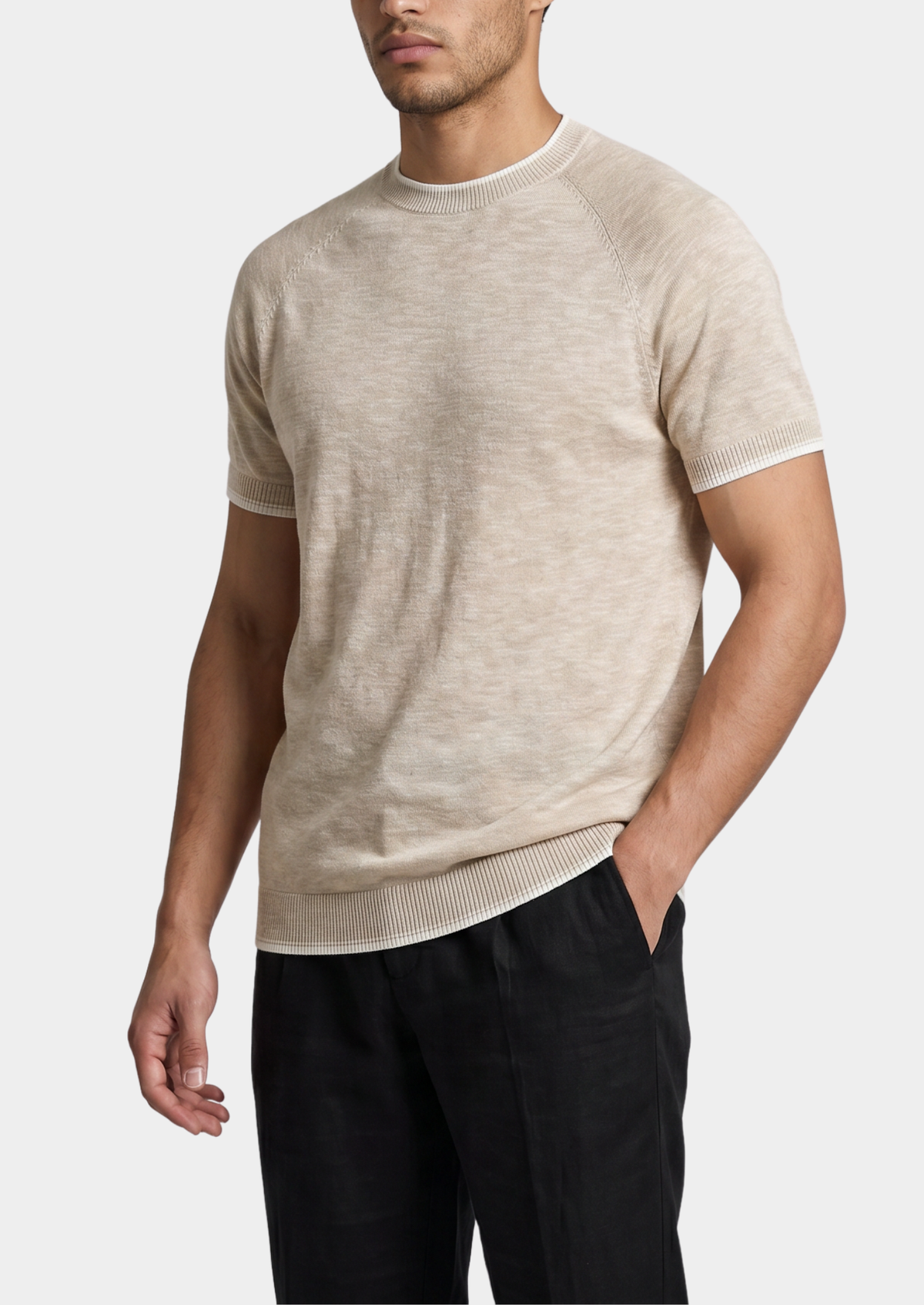 Capri Beige Linen Contrast T-Shirt | Apuro