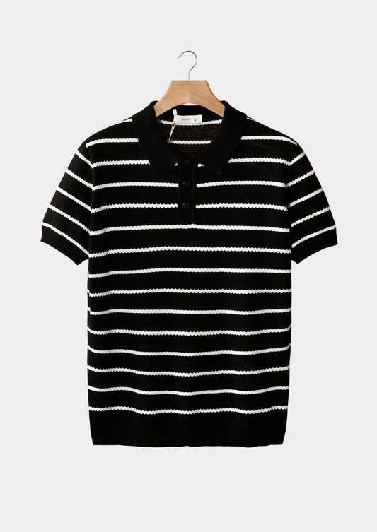 Black Striped Textured Button Polo | Apuro