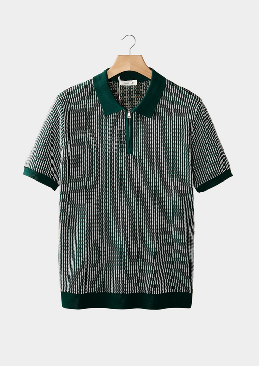 Green Geometric Textured Zipper Polo | Apuro