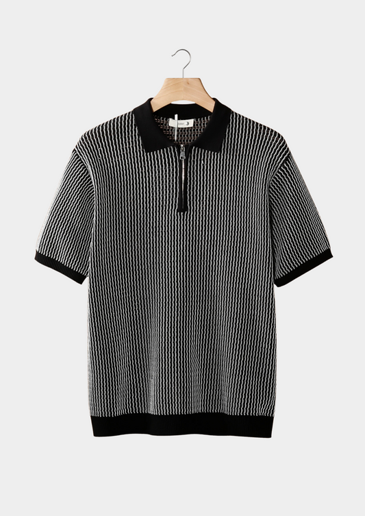 Black Geometric Textured Zipper Polo | Apuro