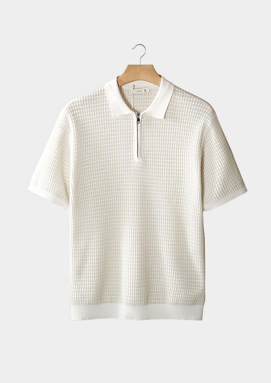 White Geometric Textured Zipper Polo | Apuro