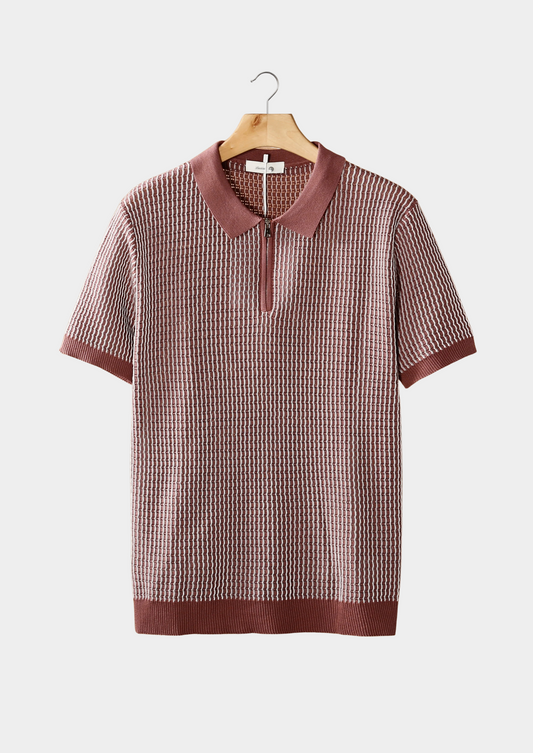 Dusty Rose Geometric Textured Zipper Polo | Apuro