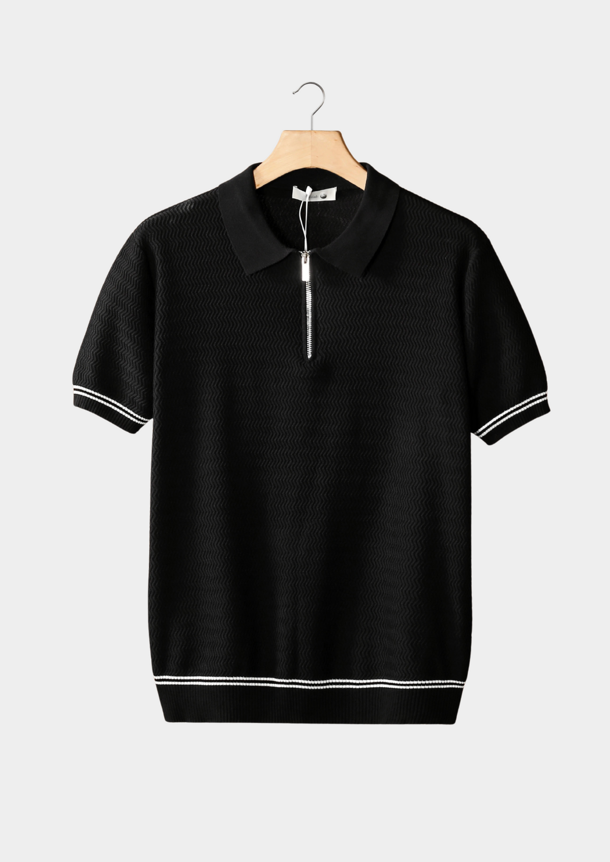 Black Zigzag Textured Zipper Polo | Apuro