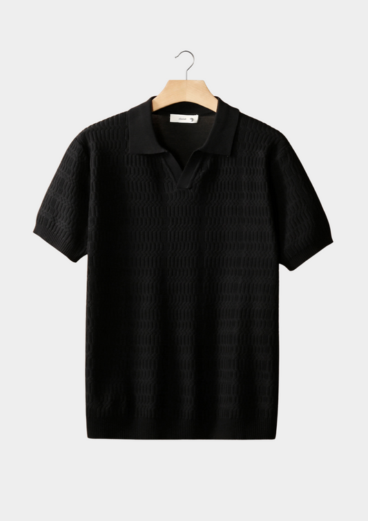 Black Patterned Knit Buttonless Polo | Apuro