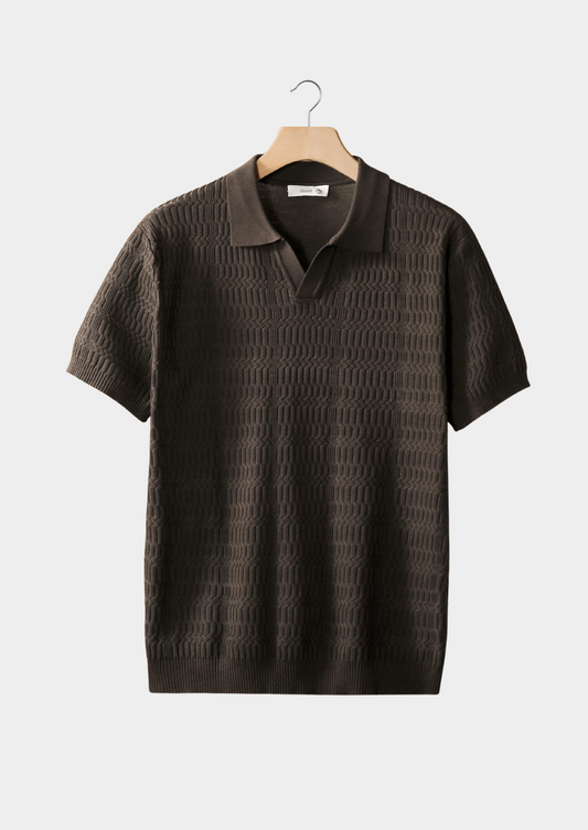 Coffee Patterned Knit Buttonless Polo | Apuro