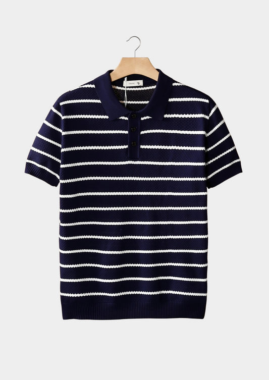 Navy Striped Textured Button Polo | Apuro