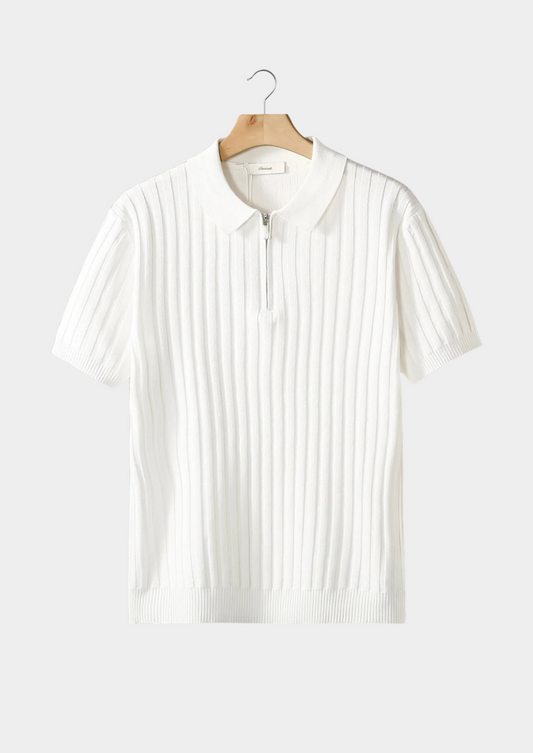 White Ribbed Zipper Polo | Apuro