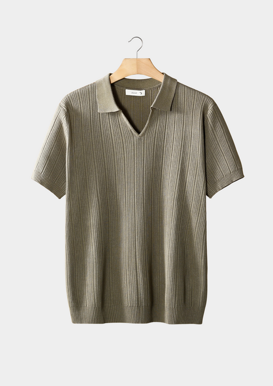 Taupe Open Collar Ribbed Polo | Apuro