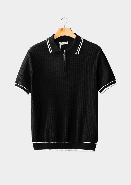 Black Wavy Textured Zipper Polo | Apuro